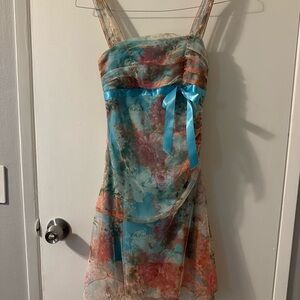 XOXO Floral Mini Dress with Blue and Coral Hues